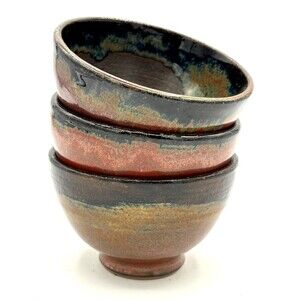 Firewood Kiln Glaze Stoneware Snack Bowls Set of‎ 3 Wheel Thrown Studio Art